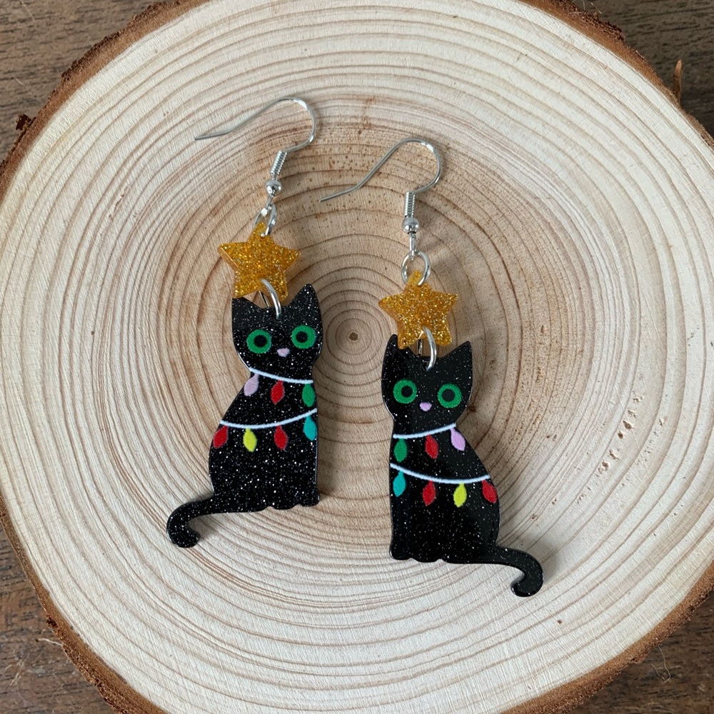 Acrylic Black Cat in Christmas Lights Dangle Earrings